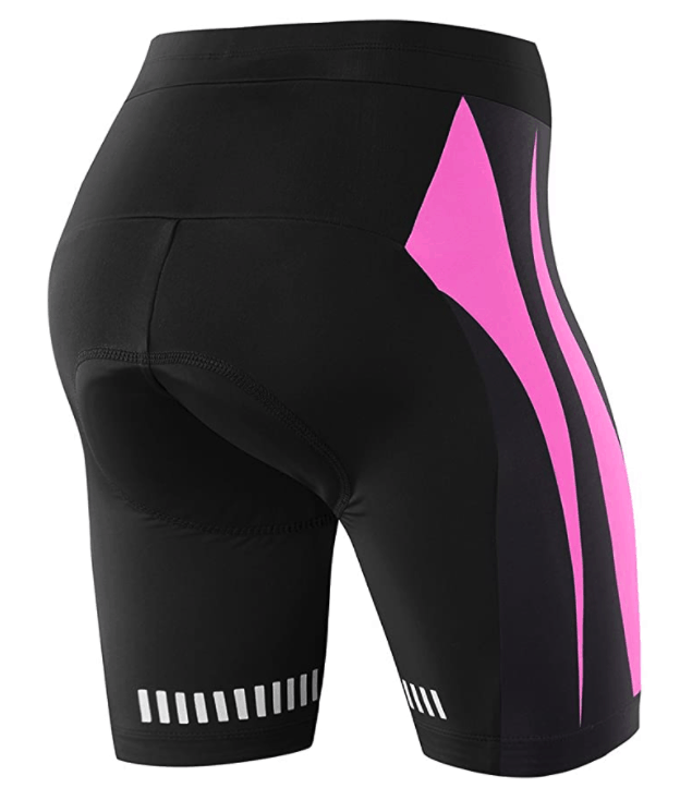 Black bike shorts with fuchsia pink stripe for women